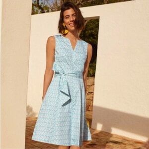 Boden Mischa Belted Dress Aqua Coral Print fit & flare pockets sz 10R 97% cotton